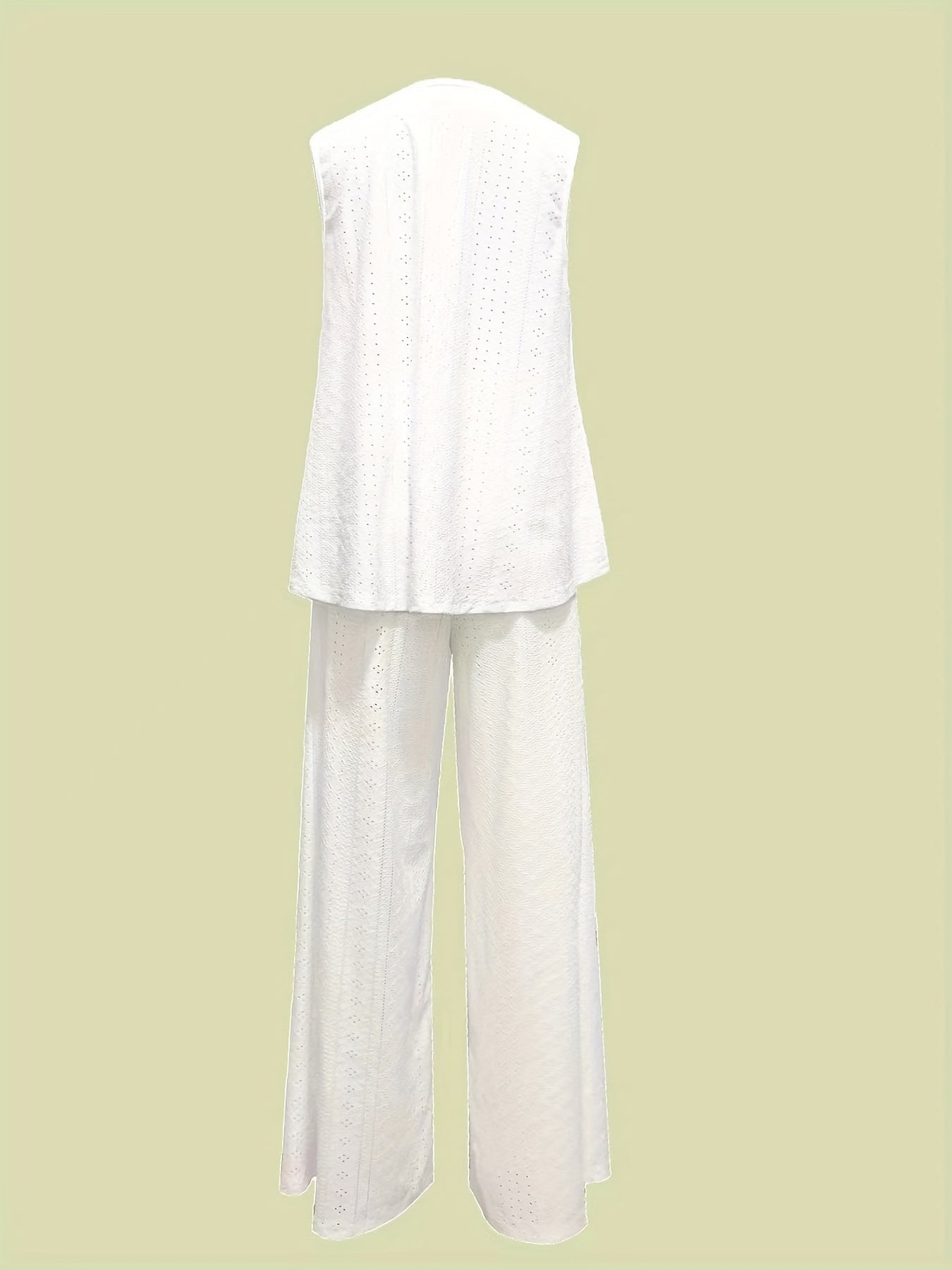 Two-piece Solid Matching Set, Casual Wide Leg Pants & Eyelet Tank Top Outfits for Women