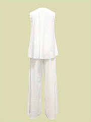 Two-piece Solid Matching Set, Casual Wide Leg Pants & Eyelet Tank Top Outfits for Women