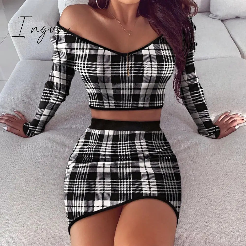 Ingvn - Striped V Neck Slim Knit Soft Summer Dress Women Spring Off the Shoulder Long Sleeve Mini Dress Elegant Ladies Party Dress