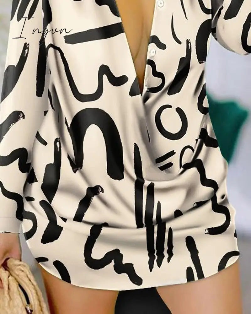 Ingvn - Fall Ladies Dress Fashion Sexy Printed Long Sleeve Shirt Casual Workplace Temperament Elegant Ladies Shirt Dress