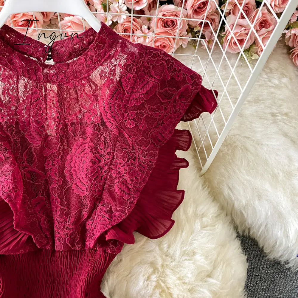 Ingvn - Vintage Purple/Green/Red Lace Midi Dress Women Sweet Round Neck Ruffle Vestidos Female High Waist Slim Robe Spring Autumn