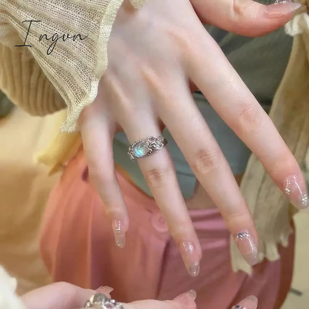 Korean Fashion Delicate Oval Opal Open Adjustable Rings For Women Girls Cute Pink Crystal Finger Ring Aesthetic Jewelry Gifts
