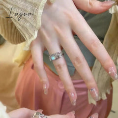 Korean Fashion Delicate Oval Opal Open Adjustable Rings For Women Girls Cute Pink Crystal Finger Ring Aesthetic Jewelry Gifts