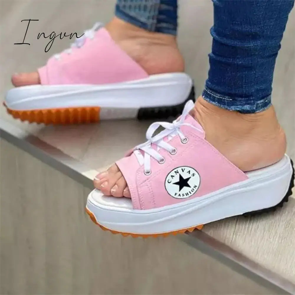 Ingvn - Casual Daily Peep Toe Canvas Lace-Up Sandals