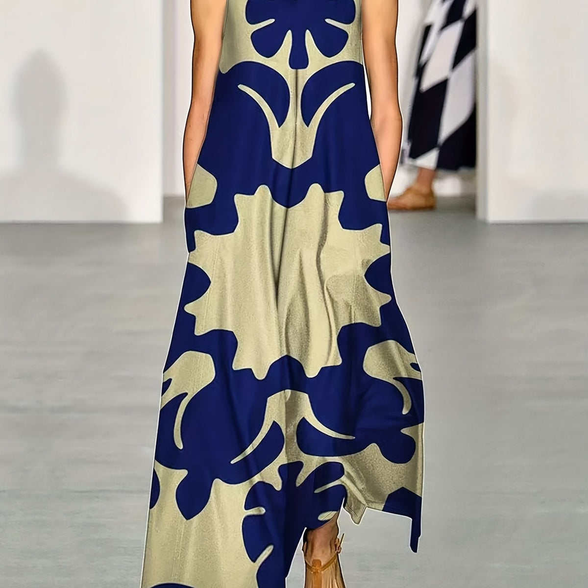 Boho Chic Sleeveless V-Neck Maxi Dress - Eye-Catching Graphic Print, Perfect for Spring & Summer - Womens Airy Beachwear