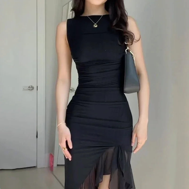 Women Maxi Dress Summer Elegant Solid Sleeveless Nipped Waist Slim Backless Ruffled Irregular Party Dresses Streetwear