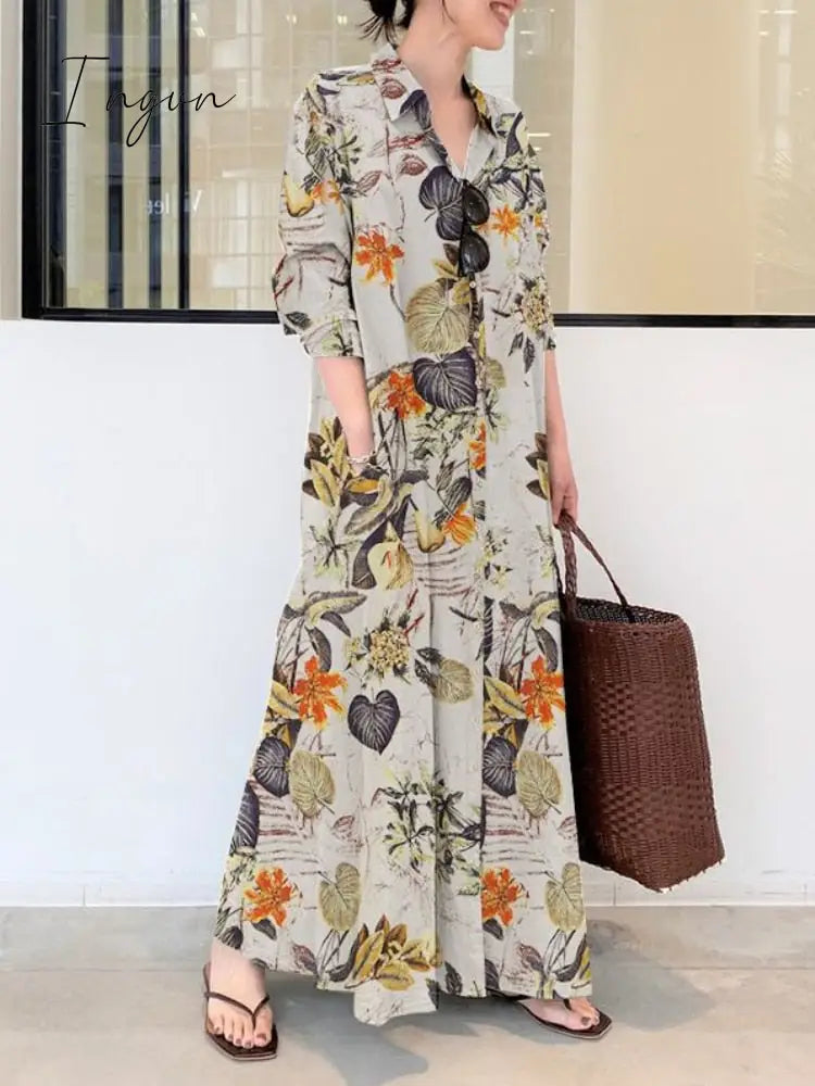 Ingvn - Summer New Dress Fashion Cotton Linen Striped Cardigan Loose Large Casual Temperament Commuter Irregular Women's Long Dress tops