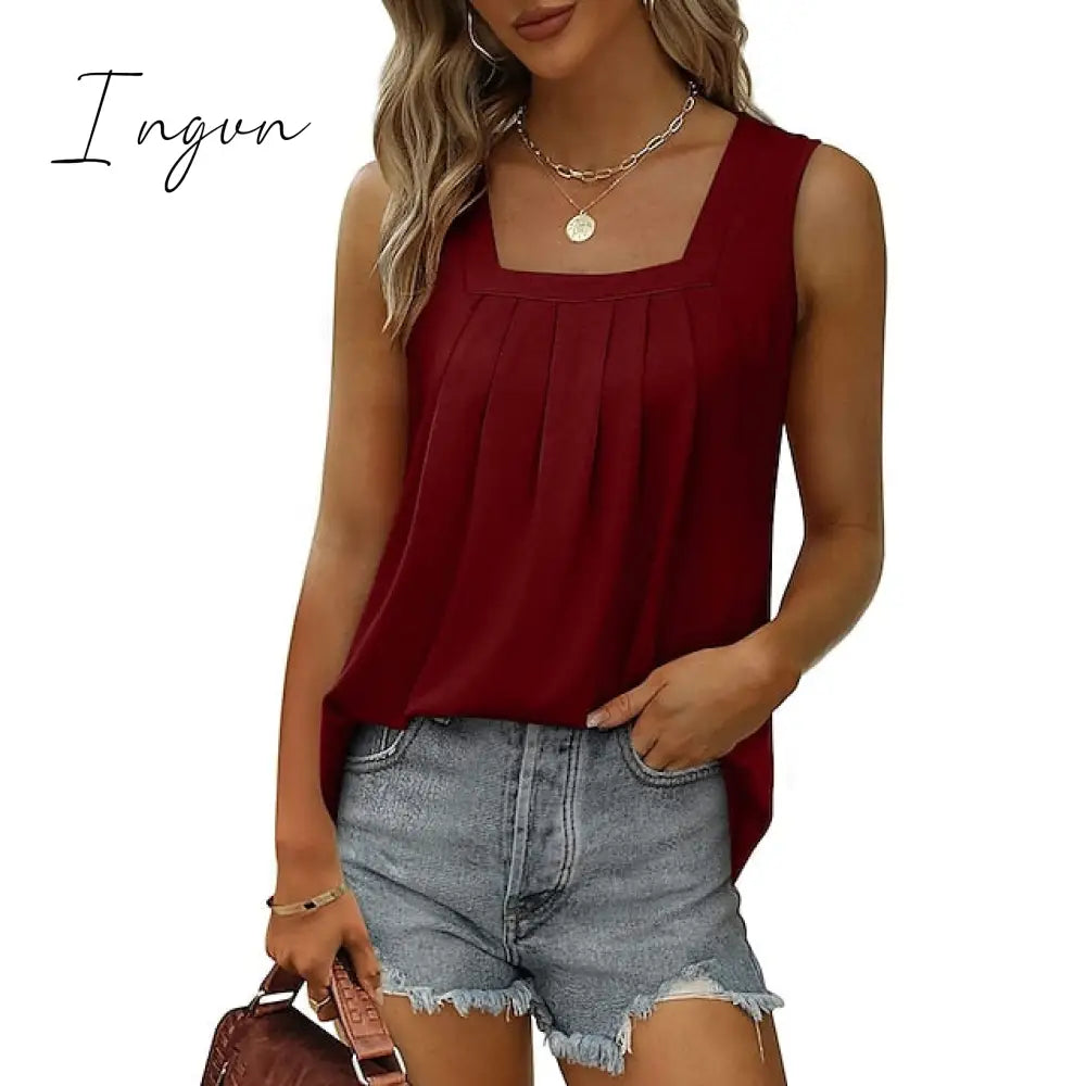 Ingvn - Women's Tank Pleated Solid / Plain Color Basic Square Neck Sleeveless Summer Wine Red Black White Light Green Pink