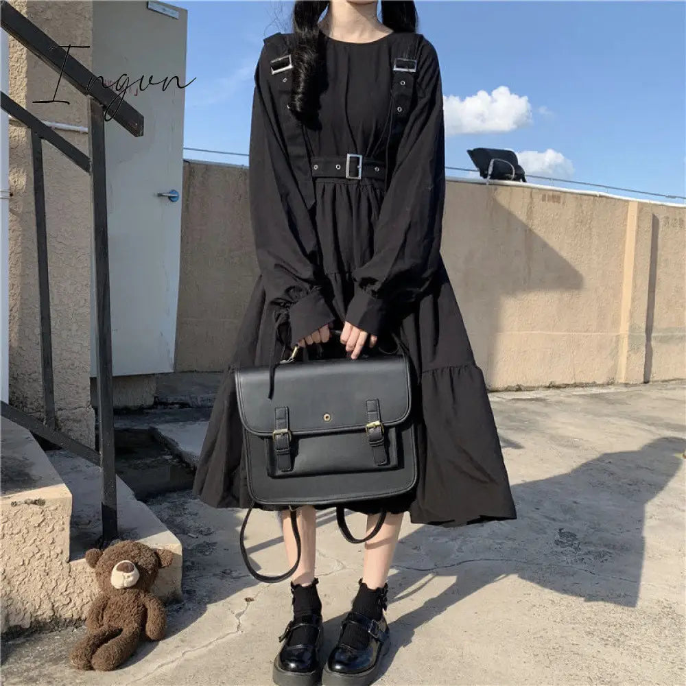 Ingvn - Gothic Style Dress Women Harajuku Gothic Lolita Kawaii Dress Punk Cute Long Sleeve Black Midi Dress Emo Mall Goth
