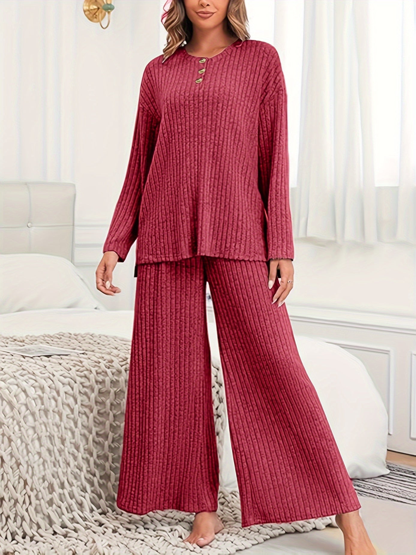Plus Size Two-Piece Ribbed Crew Neck Outfit Set - Soft Medium Stretch Polyester Knit Fabric, Wide Leg Pants, Long Sleeve Top, Solid Color, No Printing, Casual Style - Womens Comfortable Plus Size Clothing