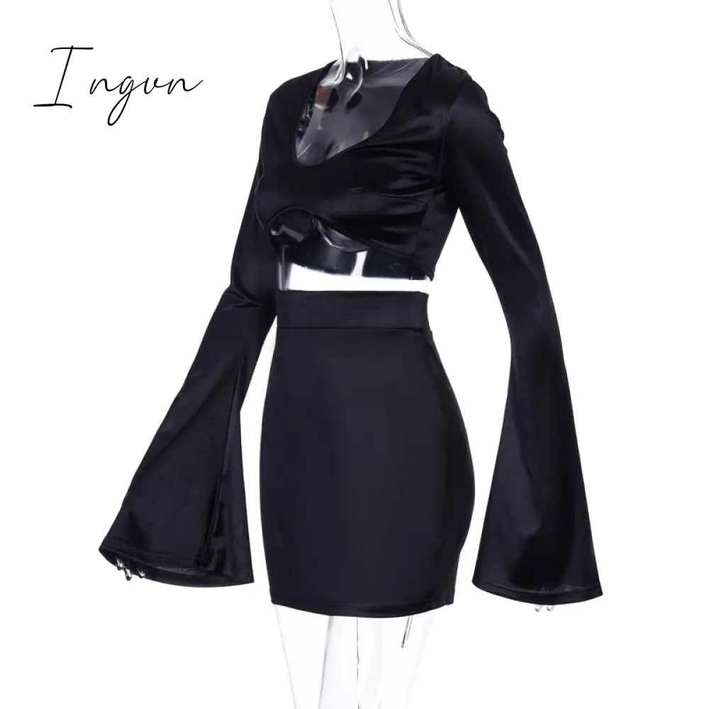 Ingvn - Satin Flare Long Sleeve 2 Two Piece Matching Set Women Crop Top Skirt Autumn Winter Birthday Fashion Sexy Clothes