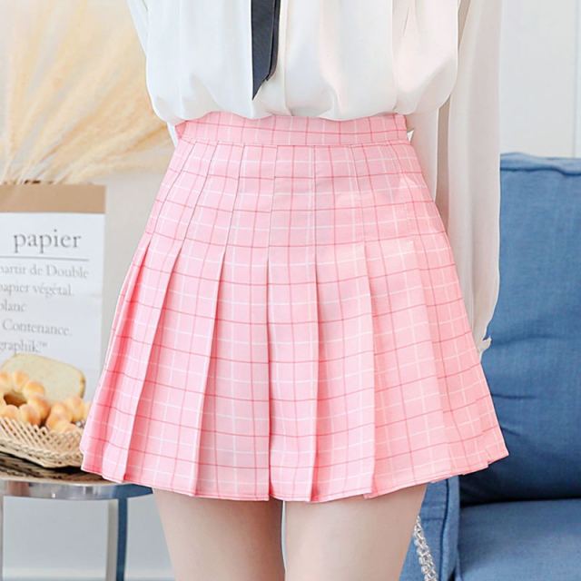 Preppy Japanese Korea Short Skirts New High Waist Mini Womens Skirts Kawaii Pink Plaid Pleated Tennis Casual Skirt