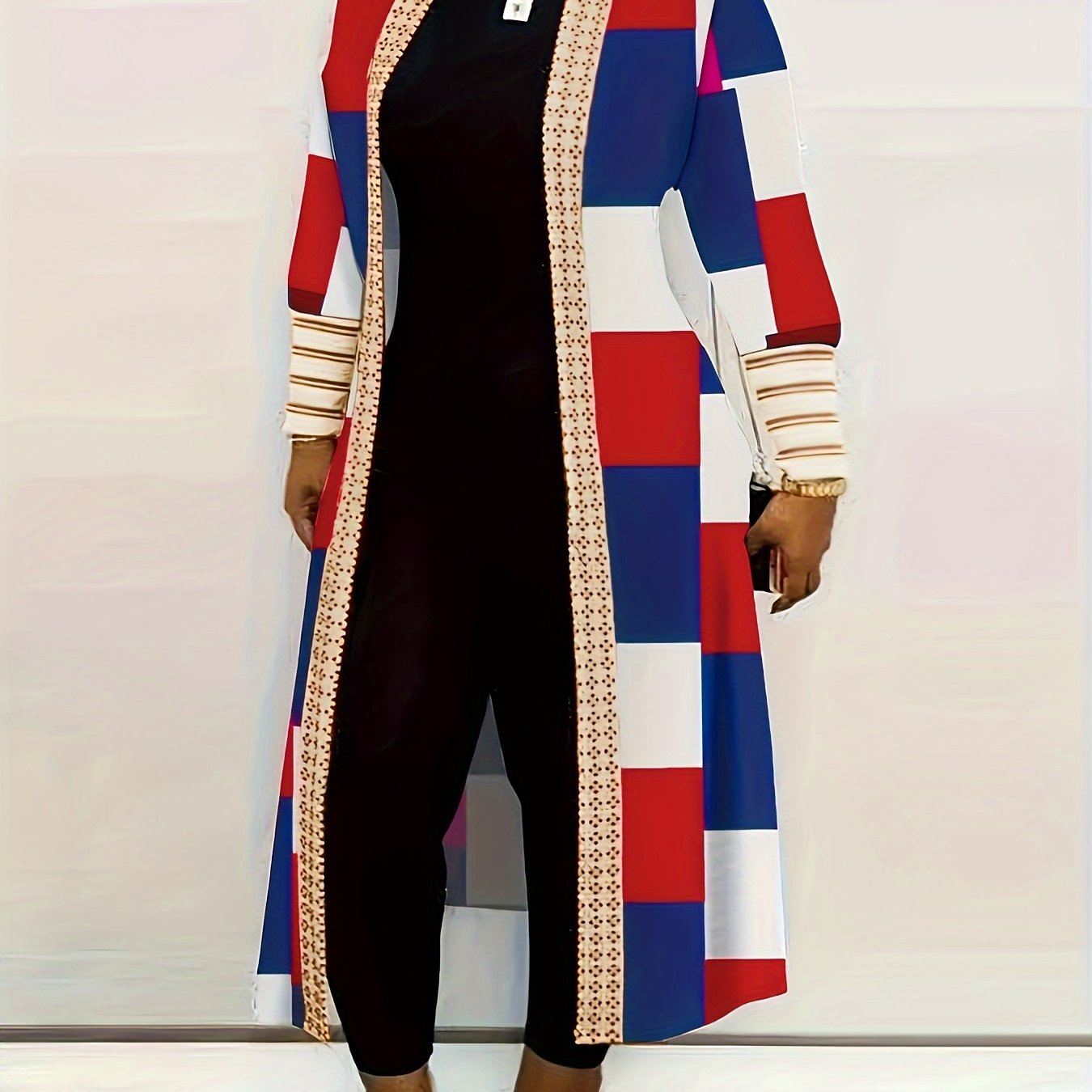 Long Sleeve Colorblock Geometric Print Casual Open Front Cardigan, Women's Clothing