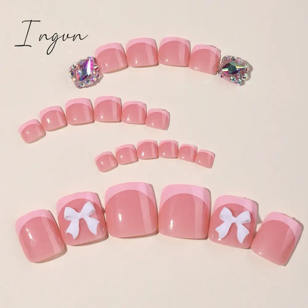 24pcs French Pink False Toenails White Bow Design Summer Press On Nail for Feet Wearable Square Fake Nails Patch Manicure Set
