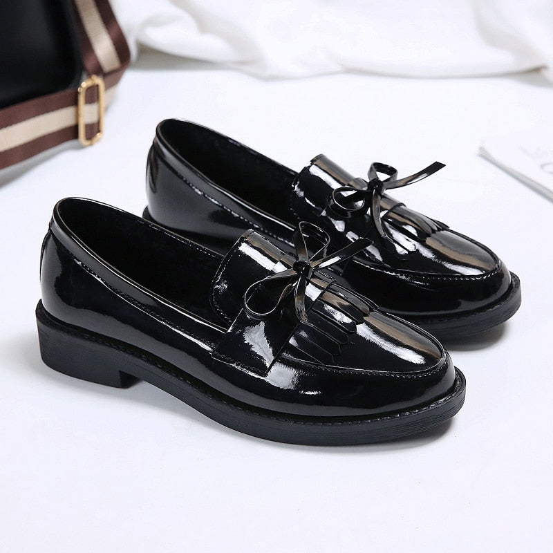 Rimocy Black Patent Leather Women's Loafers Platform Slip on Shoes for Women Spring British Tassel Casual Flats Shoes Woman