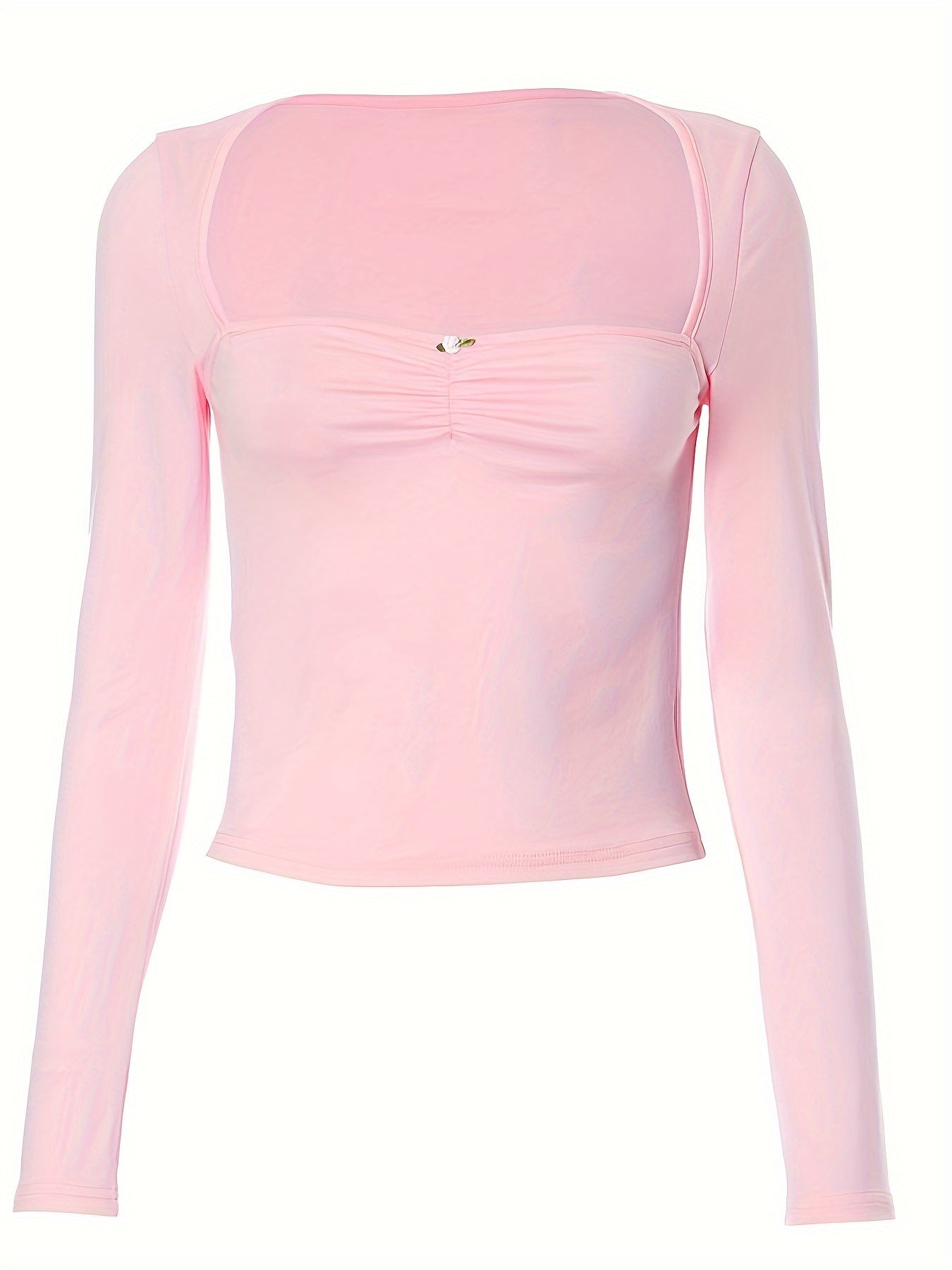 Ruched Straight Neck Crop Top, Y2K Long Sleeve Slim Top, Women's Clothing