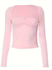 Ruched Straight Neck Crop Top, Y2K Long Sleeve Slim Top, Women's Clothing