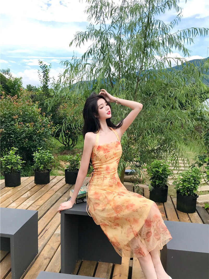 Women Midi Floral Halter Slip Dress Summer Vintage Painting Flowers Backless Casual Party Night Vacation Runway Vestidos