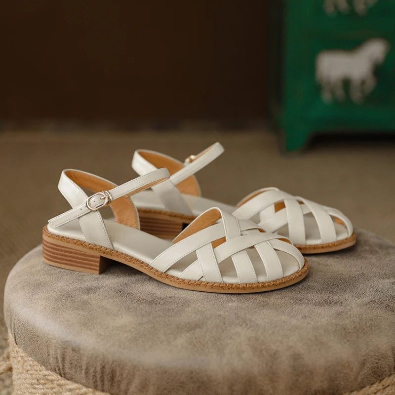 Retro style Summer Women Sandals Fashion Elegant Weave Cover Toe Shoes Ladies Comfort Low Heel Beach Vacation Sandalias