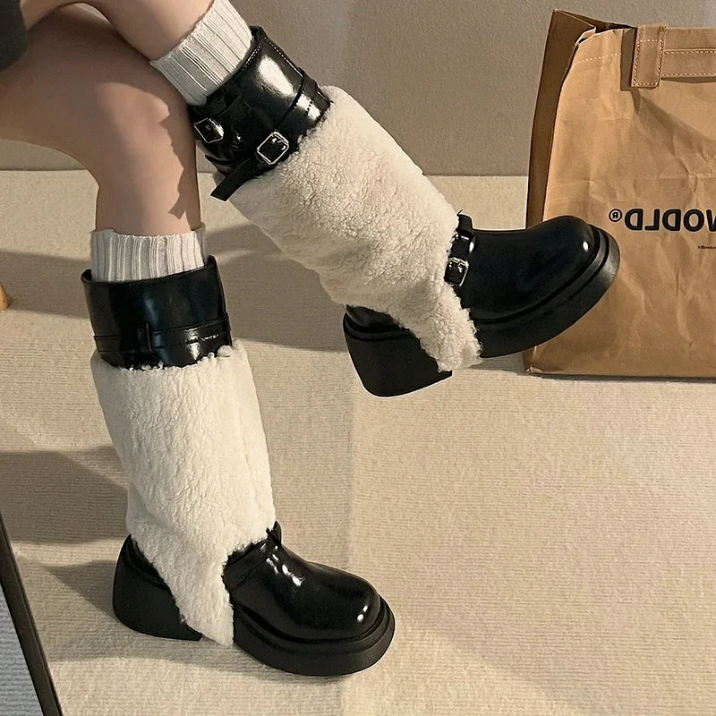 Ingvn  Platform Women Knee-High Boots Fashion Fur Removable Shoes Autumn Winter Thick Heel Women's Knight Long Booties