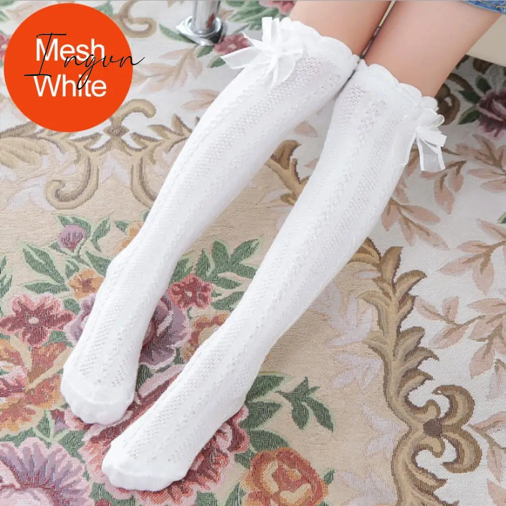 Ingvn - Spring Summer Girls Knee High Socks for Kids Children Bowknot Mesh Breathable Long Tall Socks White Gray Black Pink 3-12 Years