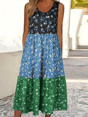 Fashionable Color Block Floral Print Tank Dress - Stylish Crew Neck, Flouncy Tiered Ruffles, Sleeveless - Versatile Casual Womens Summer Wear
