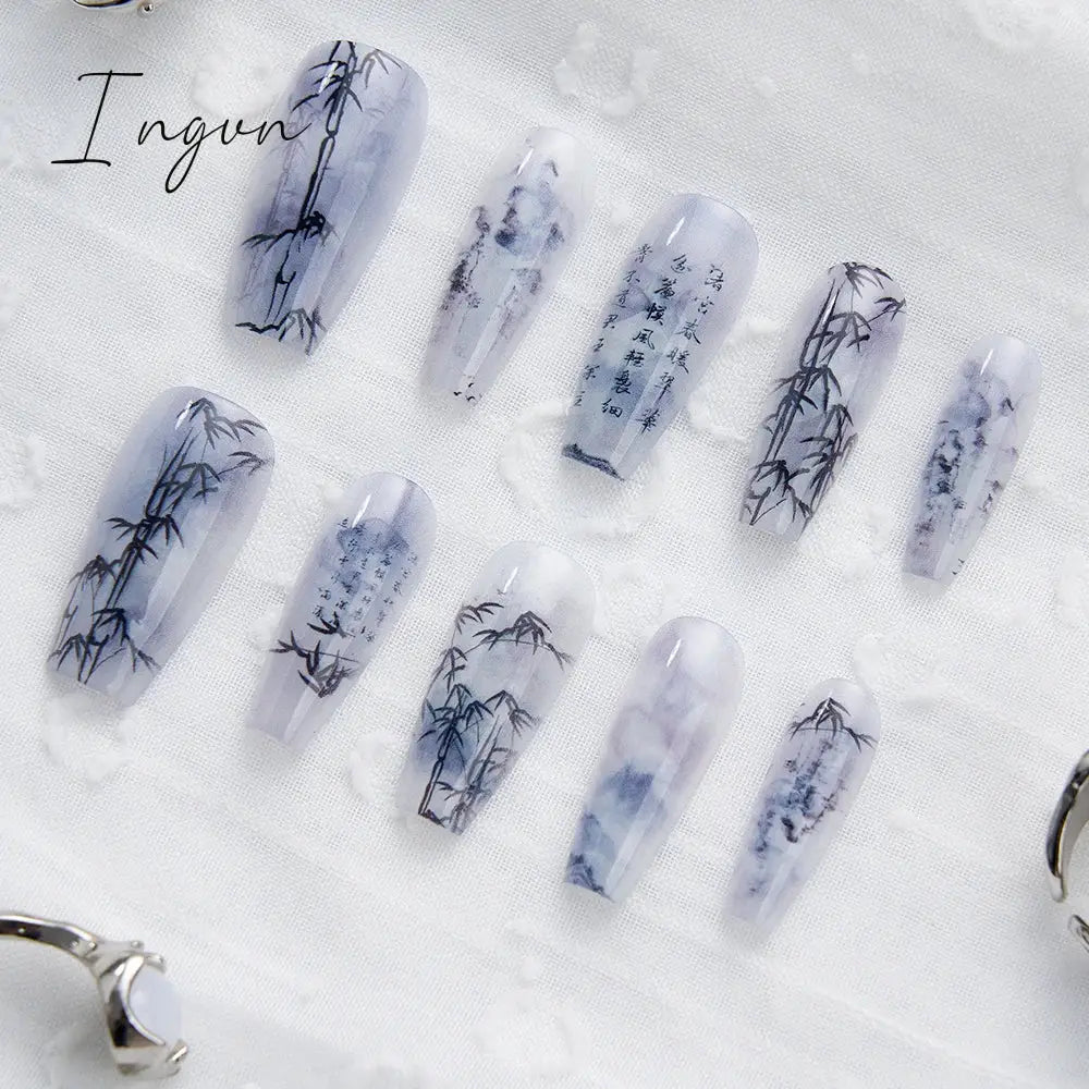 10PCS Chinese Style Fake Nails with Glue Sfumato Ink Long Nails Set Press on Acrylic Stick on False Nails Art