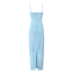 Sexy Elegant Women Floral Embroidery Lace Sling Long Dress Romantic Female Package Hips Evening Party Maxi Robe Summer