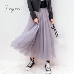 Ingvn - Autumn Winter Vintage Tulle Skirt Women Elastic High Waist Mesh Skirts Long Pleated Tutu Skirt Female Jupe Longue