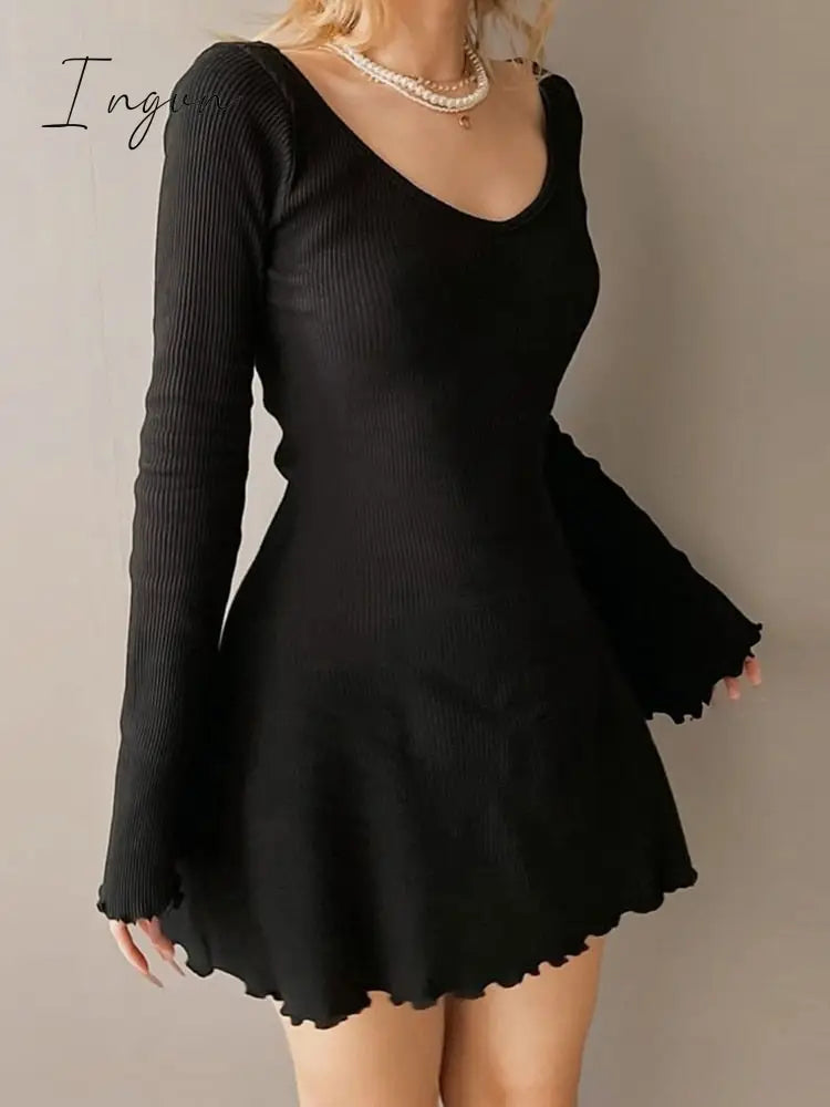 Ingvn - Knitting Elegant Dress For Women Spring Fall Solid Color V Neck Office Lady Irregular Hem Simple Basic Slim Dresses