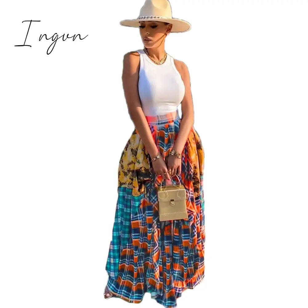 Ingvn - Womens Fashion Ladies Fashion Stitching Printed Plaid Young Fashion Casual Bohemian Super Loose Multicolor Skirt