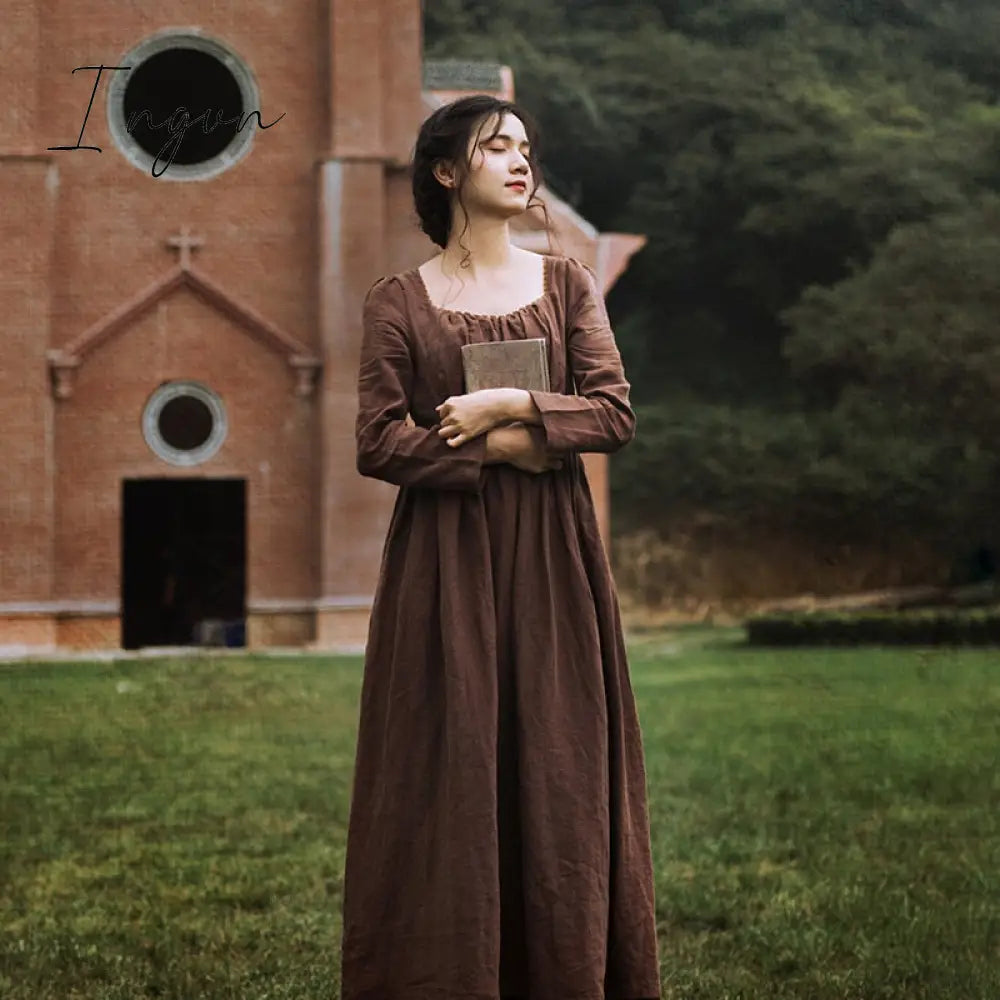 Ingvn - Spring Autumn Women 100%Linen Coffee Long Dress Ladies Victoria Royal Vintage Elegant Long Sleeve  High Waist Dress robe longue