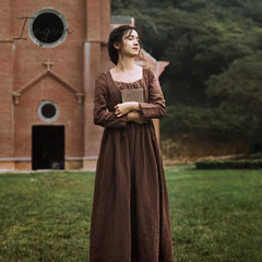 Ingvn - Spring Autumn Women 100%Linen Coffee Long Dress Ladies Victoria Royal Vintage Elegant Long Sleeve  High Waist Dress robe longue