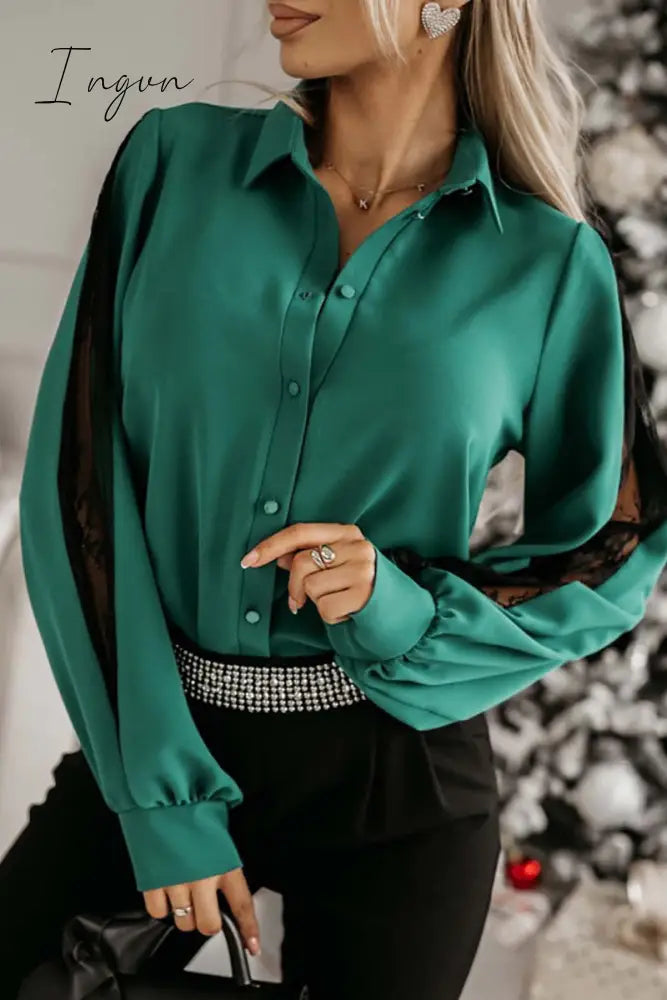 Ingvn- Elegant Solid Mesh Shirt Collar Tops