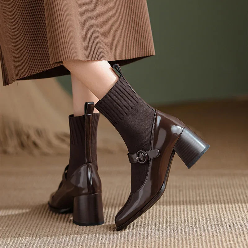 Ingvn  Autumn Winter Women Knit Sock Boots Fashion Slip On Square Heels Shoes Vintage Ladies Stretch Short Booties