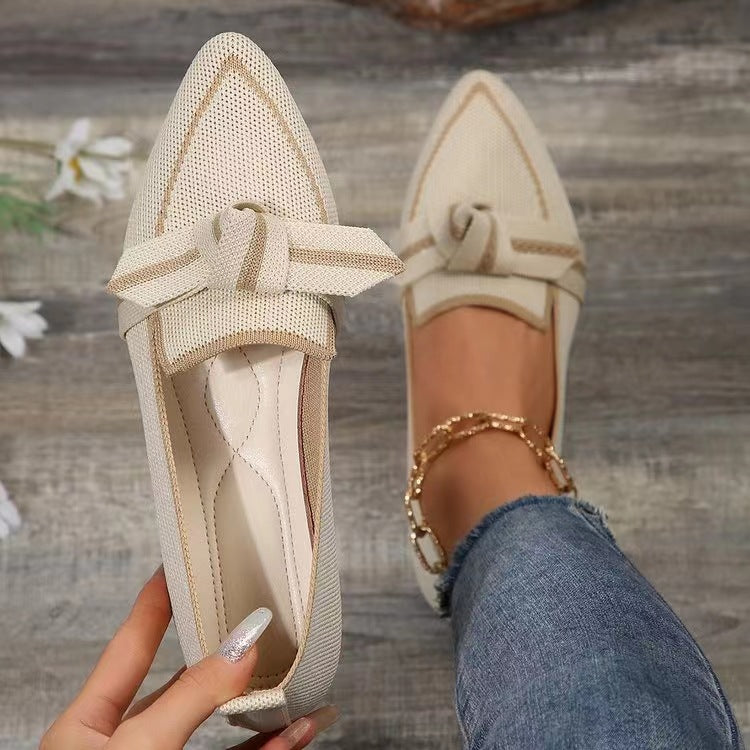 Slimming pointed toe plus size flat single-layer shoes for women fashionable flying woven slip-on bow casual breathable color matching single