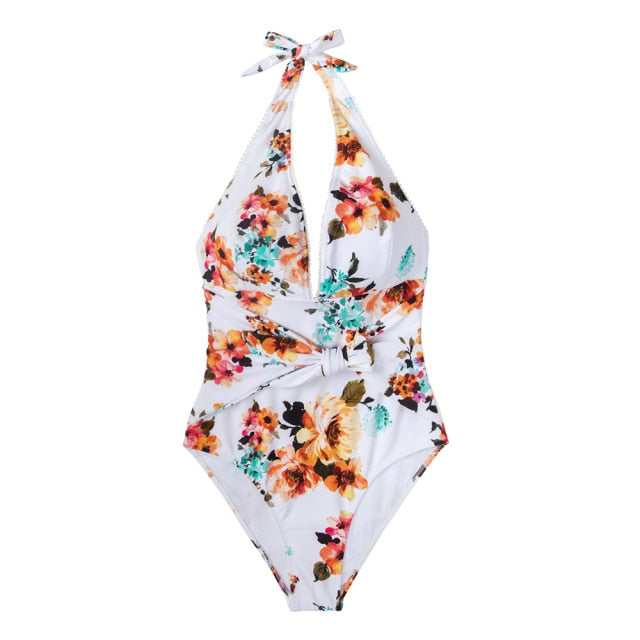 Tie Waist Floral One-piece Swimsuit Women Sexy Backless Halter Monokini Swimwear New Girl Beach Bathing Suits