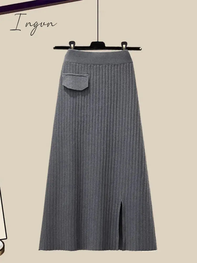 Ingvn - Spring Autumn Large Size Women's Shawl Shirt Three-piece Set+High Waist Knitting Half-body Skirt Set Women Fashion 3 Piece Set