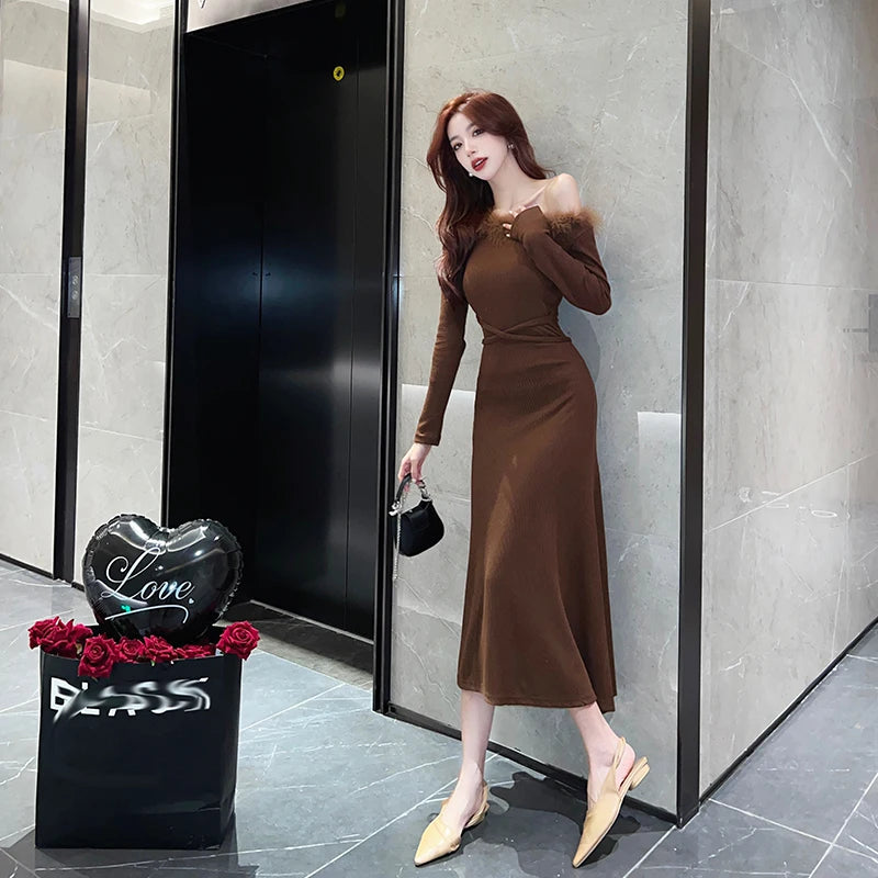 Korean Sexy Patchwork Long Sleeve Knitted Midi Dresses for Women Autumn New Elegant Party Bandage Sweater Female Clothing