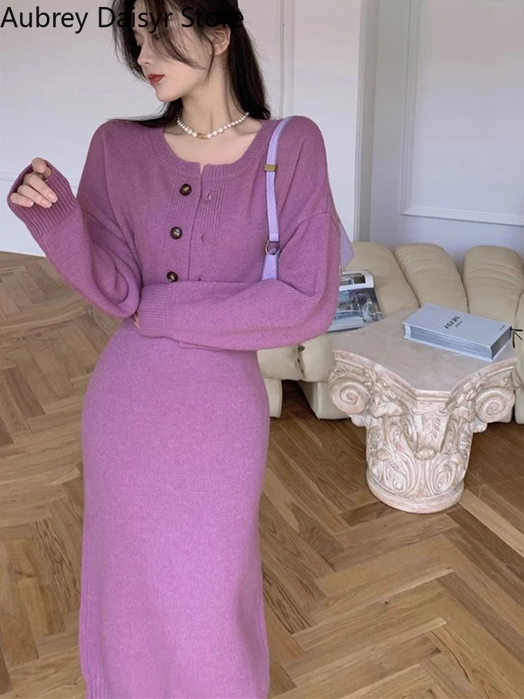 Elegant Red Knitting Dress Women Korean Fashion Office Lady Two Piece Dress Female Winter Warm Casual Christmas Party Dress