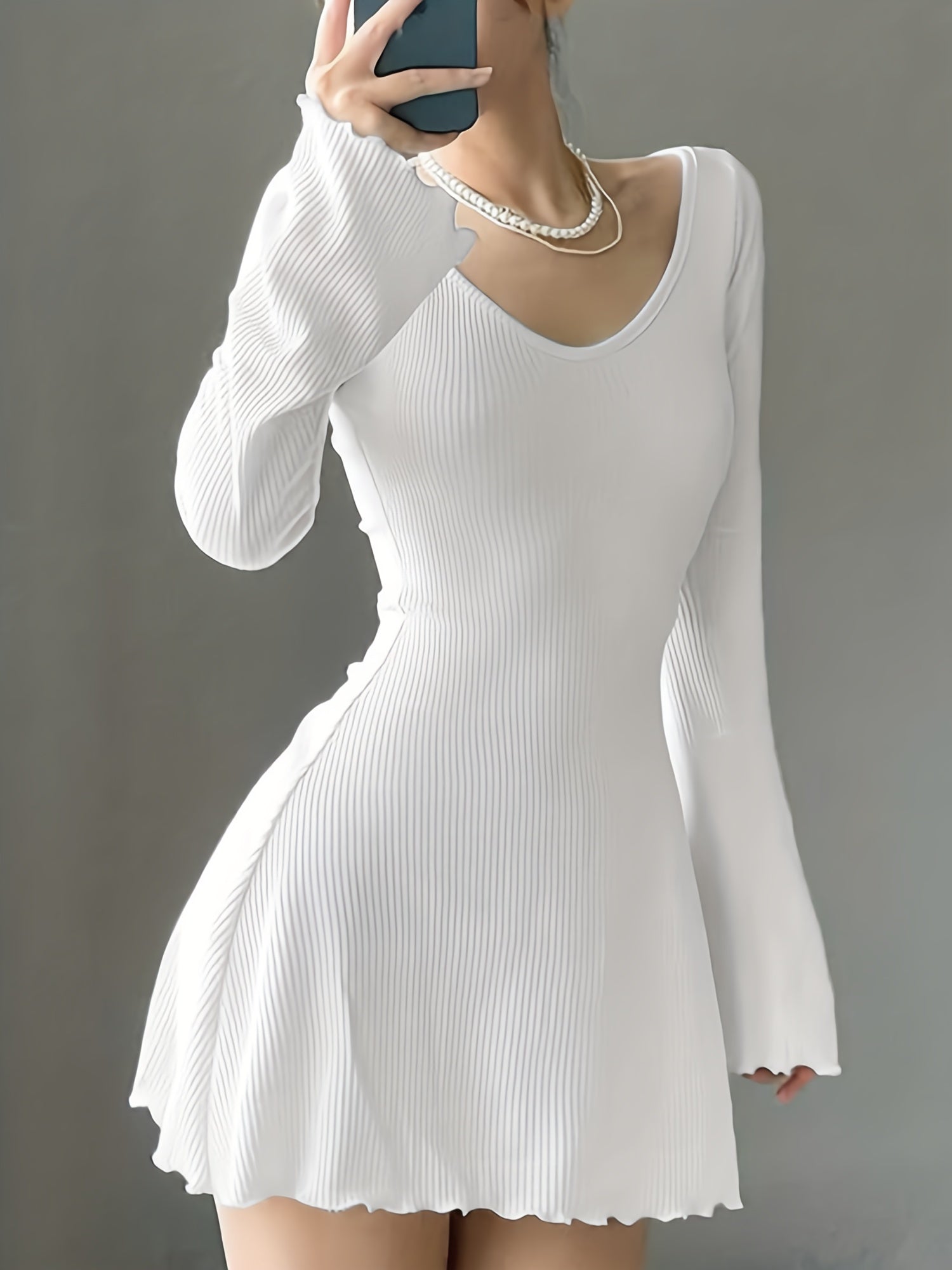 Stylish Solid Lettuce Trim Crew Neck Long Sleeve Dress - Elegant Women's Clothing for Everyday Wear - Comfortable, Relaxed Fit, Versatile, and Chic