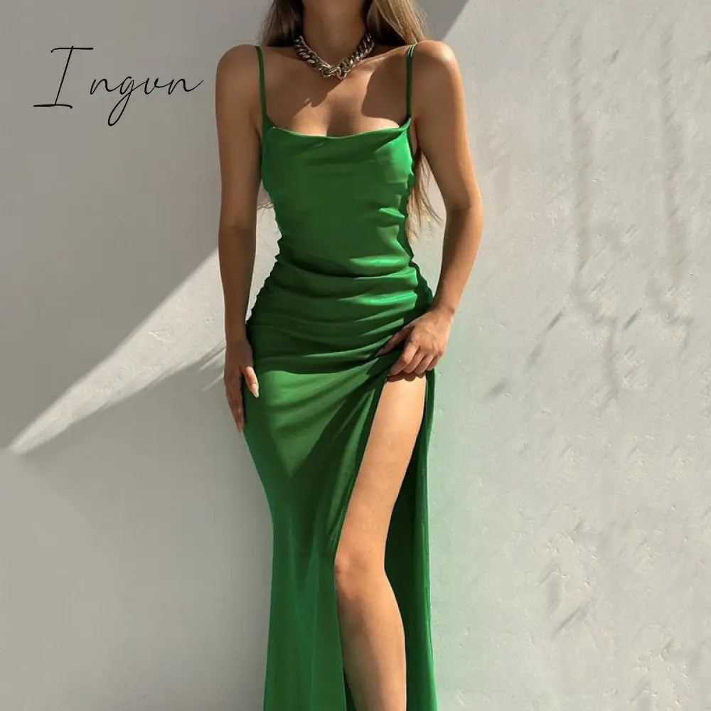 Ingvn - Silky Satin Elegant Slit Maxi Dress for Women Sexy Backless Straps Gown Club Party Long Dresses Vestidos Clothes