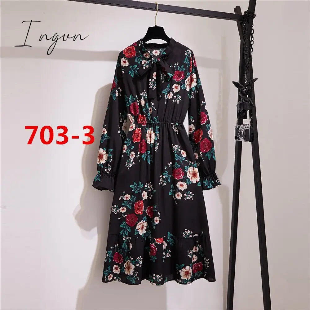 Ingvn - 11 Style Beautiful Fashion Summer Women Long Sleeve Dress Retro Collar Casual High Waist Dresses Floral Print Chiffon Clothing