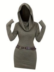 Vibrant Solid Hooded Dress - Long Sleeve, Y2K Inspired, Comfortable and Versatile for Spring and Fall Seasons - Women's Stylish Clothing for Everyday Wear