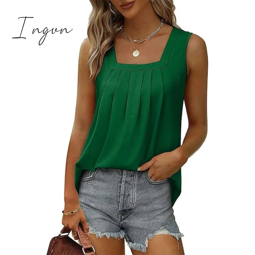 Ingvn - Women's Tank Pleated Solid / Plain Color Basic Square Neck Sleeveless Summer Wine Red Black White Light Green Pink