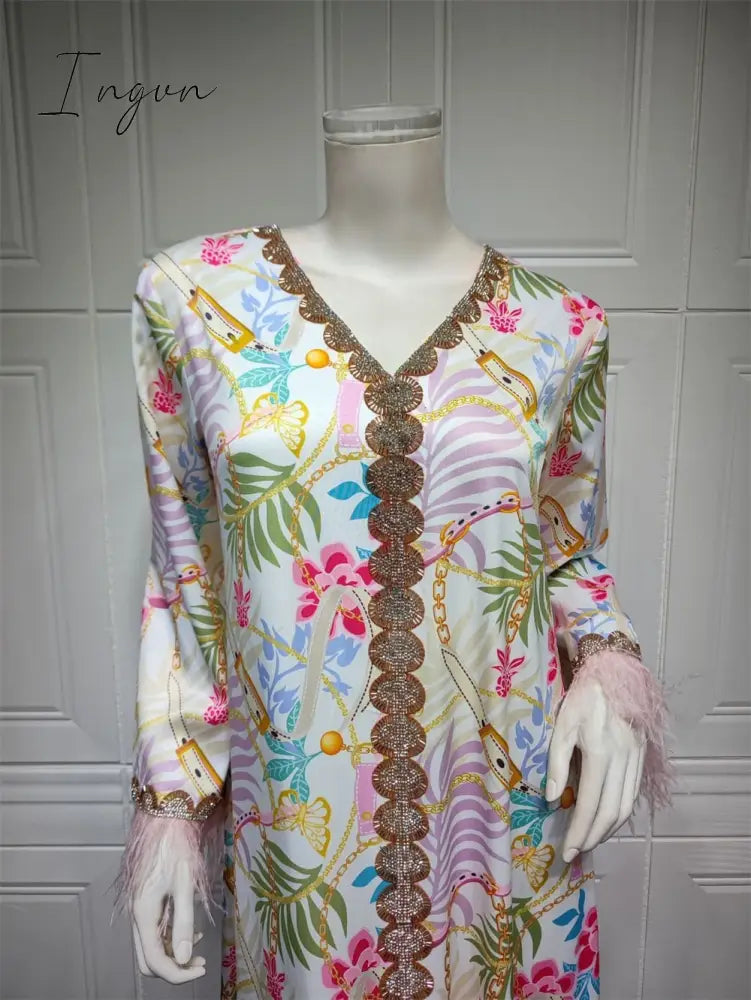 Ingvn - Muslim Woman Dress Moroccan Jalabiya Dubai Rhinestones Beaded V Neck Long Sleeve Feather Patchwork Print Gulf Abayas