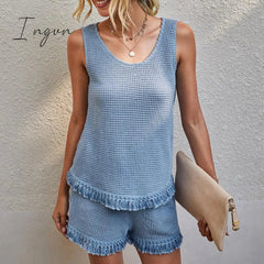 Ingvn - Summer Beach Two Piece Set Women tassel Tracksuit Loungewear Casual Sleeveless Tops + Slim Shorts Suit Elegant Woman Set Outfits