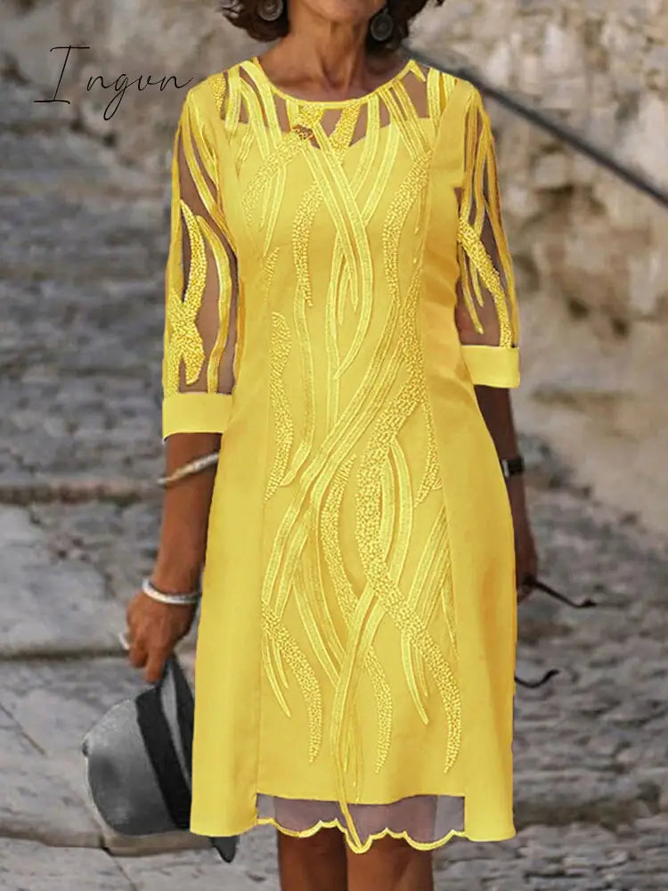 Ingvn - Fashion Trends Embroidered Dress Half Sleeve Casual Dress Sexy See-through Patchwork Lace Party Dress Women Fashion O Neck Loose Pullover Dress