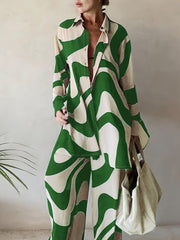 Long Sleeve Plus Size Two-piece Set, Geometric Print Buttons Shirts & Wide Leg Pants Outfits, Women's Clothing