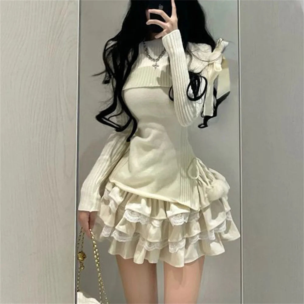 Voguable Autumn Winter Woman Kawaii Sweet 2 Piece Set Off Shoulder Bow Knitted Tops + Mini Cake Skirt Female Korean Fashion Casual Suits